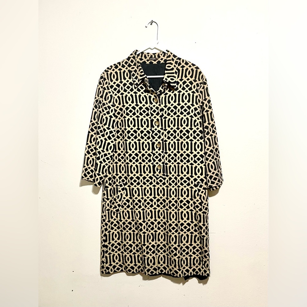 J.McLaughlin Silk Geometric 3/4 Sleeve Pockets Dress Black Beige Size 14 EUC